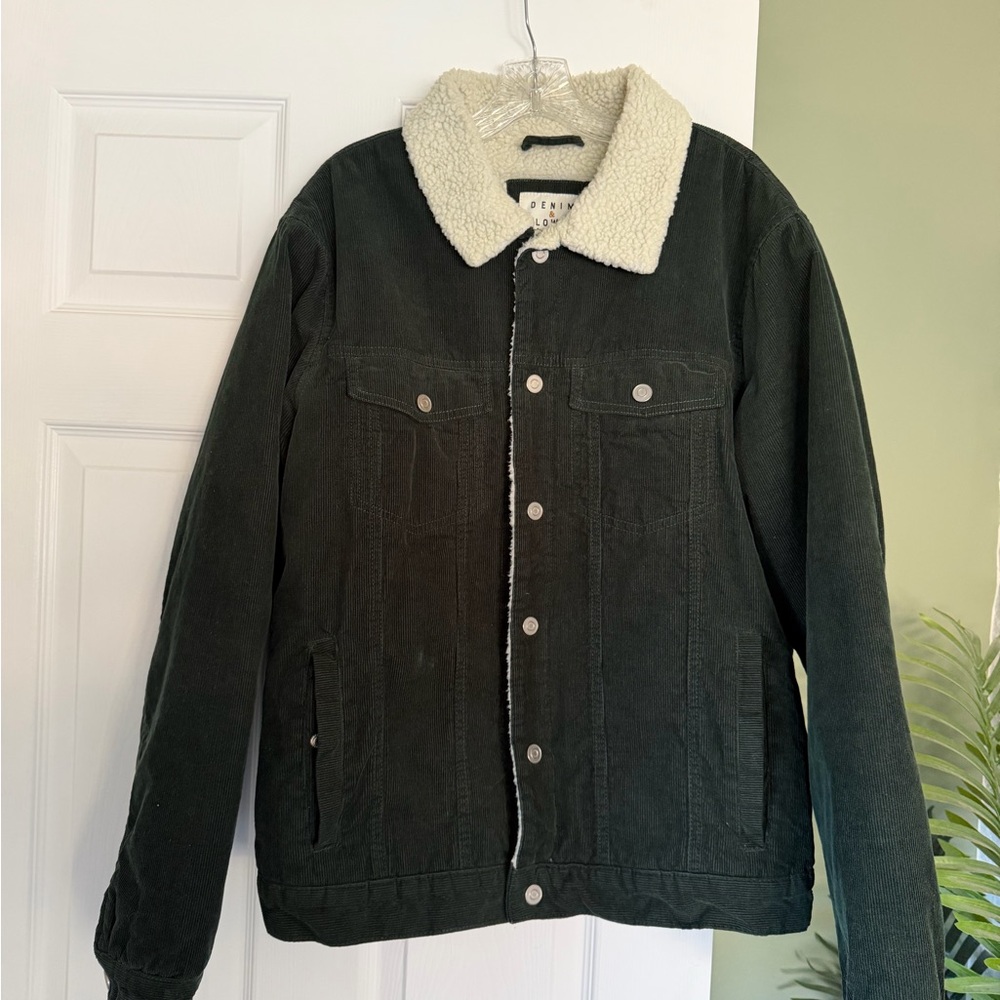 Dark Green Corduroy Jacket with Sherpa Collar
